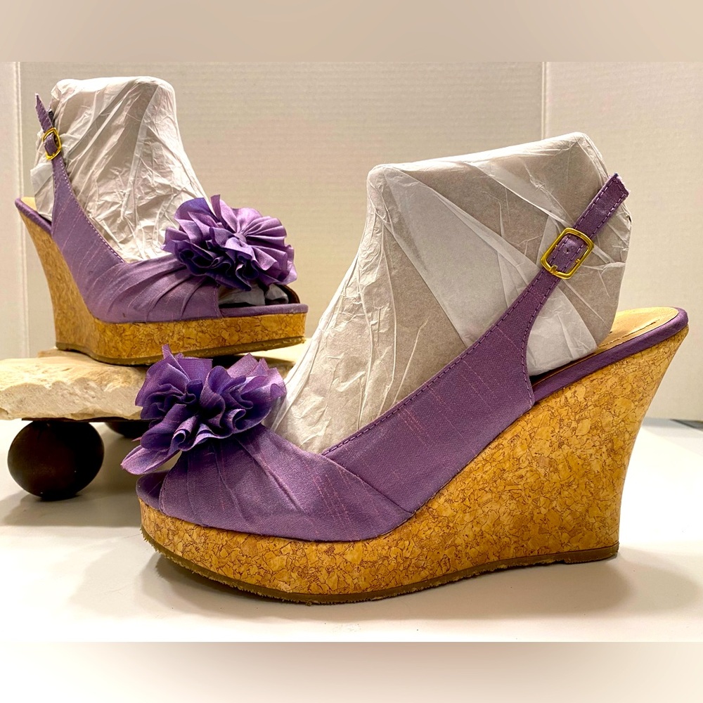 CL Ilena-2 Lavender Cork Wedge Platform Slingback Peep Toe Heels Sz 9.5 M